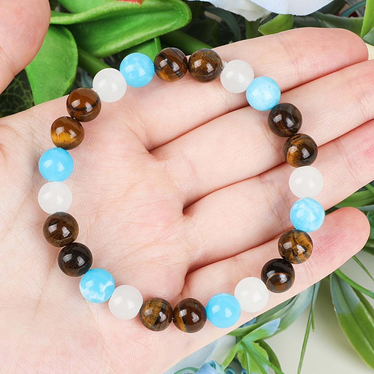 Tiger Eye White Crystal and Artificial Aquamarine Beaded Stackable Bracelet- Enhance Confidence and Good Luck，Couple，Men's and women's accessories- For Relatives、Perfect Valentine's Day Jewelry Gift for Friends and Family