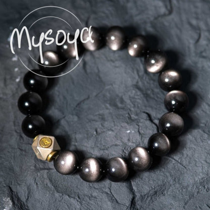 MYSOYA Bohemian Style Silver Obsidian Bracelet，Configuration10mm Beads - Elegant Gift Box Included，Suitable for Birthday、Anniversary、Wedding and Other Occasions