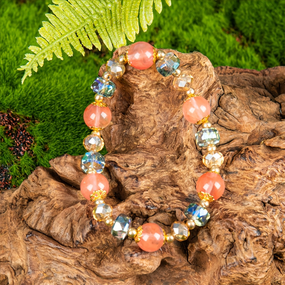 【Holiday Gift】Women's Lucky Crystal Bracelet - Attract Good Luck and Wealth，Perfect Gift for Birthday and Special Occasions，Ideal for Casual Clothing，Solid Bead Design with Faceted Pink and Blue Gems，Golden Tone，ARPURRAINA