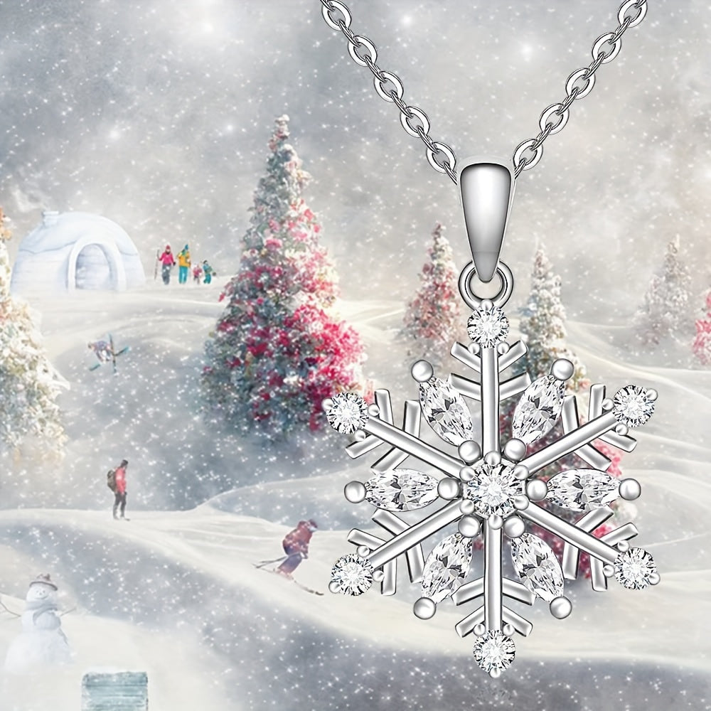 Women's Snowflake Necklace，925 Sterling Silver Winter Snowflake Pendant Necklace，Snow White Square Crystal Zirconia Friendship Jewelry Christmas Holiday Gift