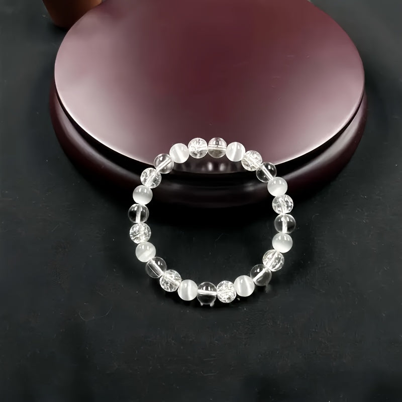 1pc Boho Style Handmade Elastic Crystal Bracelet，With White Stone and Cat's Eye Imitation Gem，For Decompression、Reduce Anxiety and Maintain Psychological Balance - Elegant Gift Choice