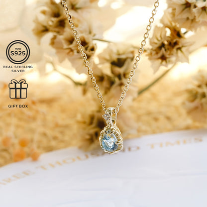 SEVENMOONS Elegant Aquamarine Pendant Necklace - Handmade，14K Gold Plating，925 Sterling Silver，Inlaid Zircon，Fashion Personalized Jewelry，Suitable for Thanksgiving、Valentine's Day、Halloween and Christmas Gifts