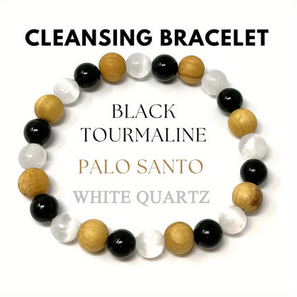 1pc Clean Bracelet White Quartz Black Tourmaline and Palo Santo 8mm Round Purified Crystal Stretch Stone Bracelet