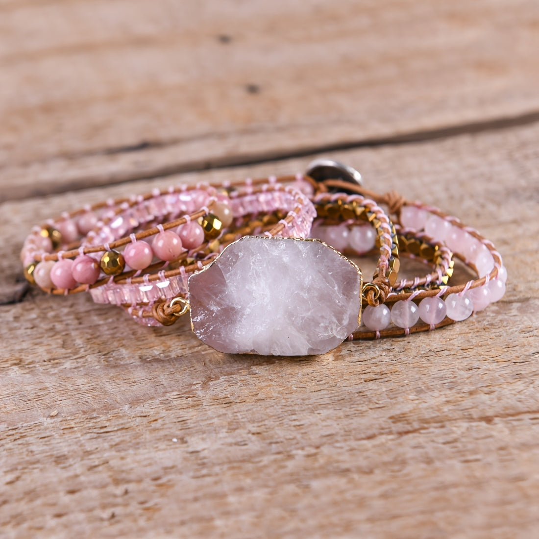 Bohemian Retro Rose Quartz Center Stone5String Woven Hand-Wound Bracelet Ornament