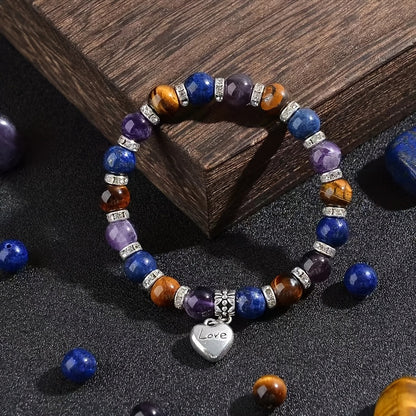 Anxiety Relief Natural Stone Bracelet with Heart Charm - Yellow Tiger's Eye、Amethyst、Lapis Lazuli, Etc. - Sedation and Decompression，Perfect for Valentine's Day、Anniversary and Birthday Gifts