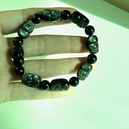 Natural Silver Obsidian Pi Xiu with Beads Bracelet，Mature Style，Animal Details，Wealth Attraction，Unisex High-End Jewelry，Single Circle Couple Gift，No Electricity Required