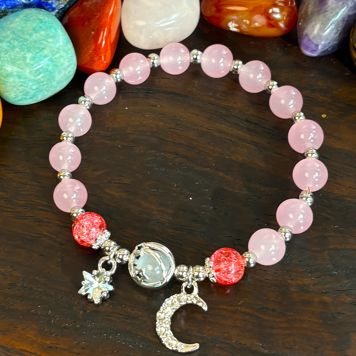 Twilight Dream Star and Crescent Guardian Bracelet - Handmade Rose Quartz Beaded Jewelry，Perfect for Women Self-Care and Holiday Gifts