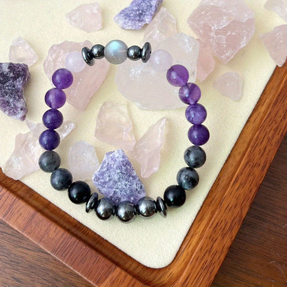 1 Magnetic Field Protection Bracelet，Mixed Color Micro Glass Bead，with Imitation Amethyst and Black Amphibole，Daily Wear Jewelry Gift