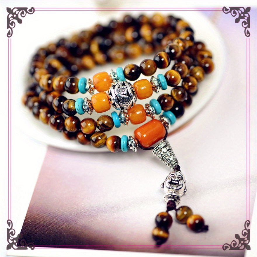 This Style108Beads Bracelet Suitable for Men and Women，Designed with Buddha Head and Four-Layer Extension，Fashionable Neutral Bracelet Made of Multifunctional Yellow Tiger's Eye。