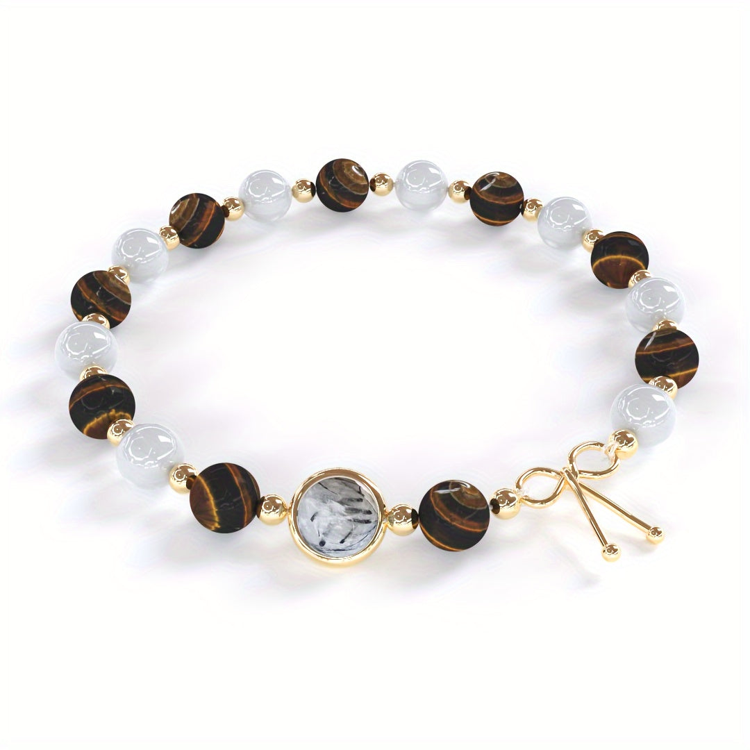 Elegant French Gem Bracelet - 14K Gold Plated Moonstone、Malachite、Tigereye and Amethyst Beads，Boost Intuition、Confidence and Spiritual Growth - Suitable for Christmas and Daily Wear