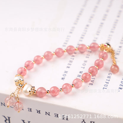 Raindrop Style 14k Gilded Natural Red Strawberry Quartz plus Freshwater Pearl Bracelet Bracelet Hand Knitting Ornament Wholesale