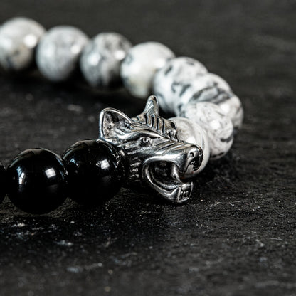 Natural Map Stone and Obsidian Beaded Bracelet，Pendant with Wolf Head，Handmade，Neutral and Universal Design，Suitable for Men and Women Casual and Formal Daily Wear，Thoughtful Gift for Friends and Family。