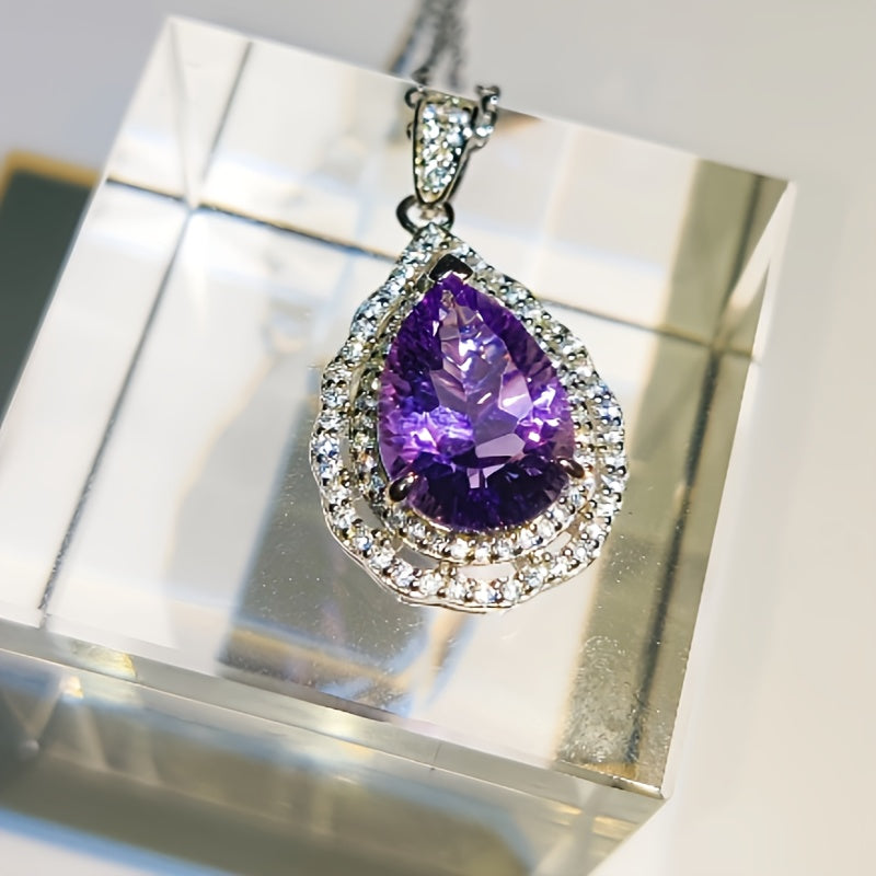 S925Silver Drop Pendant，Central Inlay6Carat Amethyst，18K Gold Coating，Elegant Vintage Style Necklace，Suitable for Gifts、Party and Daily Wear - Suitable for All Seasons、Carnival and Sexy Vacation Style