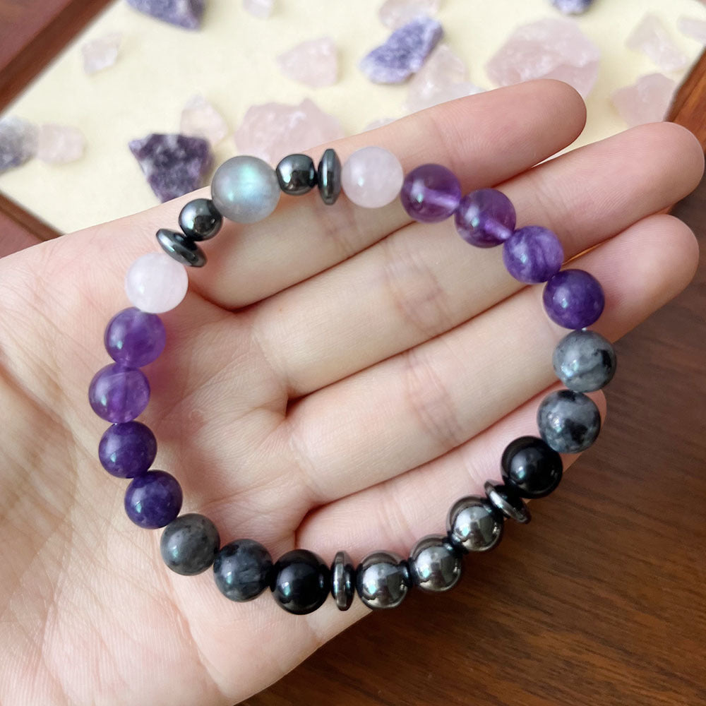 1 Magnetic Field Protection Bracelet，Mixed Color Micro Glass Bead，with Imitation Amethyst and Black Amphibole，Daily Wear Jewelry Gift