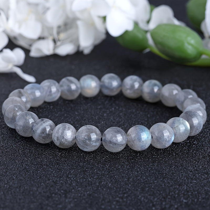 Zen Inspiration，Men's Fashion8mm Natural Labradorite Beaded Bracelet - Blue Light and Gray Moonstone，Suitable for Daily Wear Or Christmas Gifts