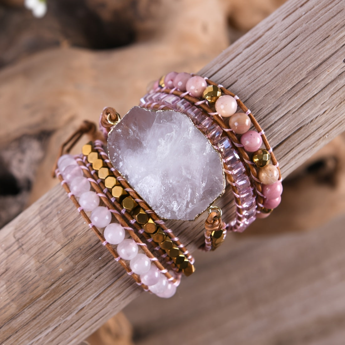 Bohemian Retro Rose Quartz Center Stone5String Woven Hand-Wound Bracelet Ornament