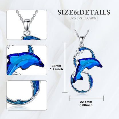 Elegant 925 Sterling Silver Dolphin Pendant Necklace with Blue Artificial Crystal，Ocean Wave Jewelry，Perfect Birthday Gift for Women，Silver，Dolphin Necklace，Ocean Waves，Birthday Gift