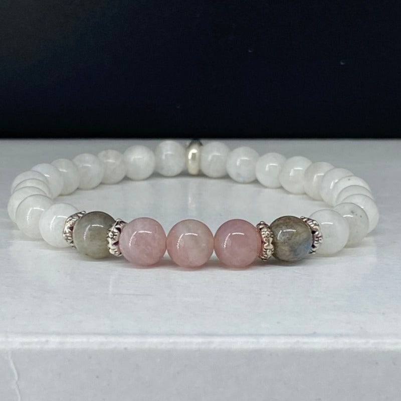 Elegant Natural Pink Roses Quartz Moonstone White Porcelain Beads Bracelet，Non-Coated Rock Crystal Decoration，Suitable for Daily Wear and Wedding，Suitable for All Seasons，Ideal Christmas Gift