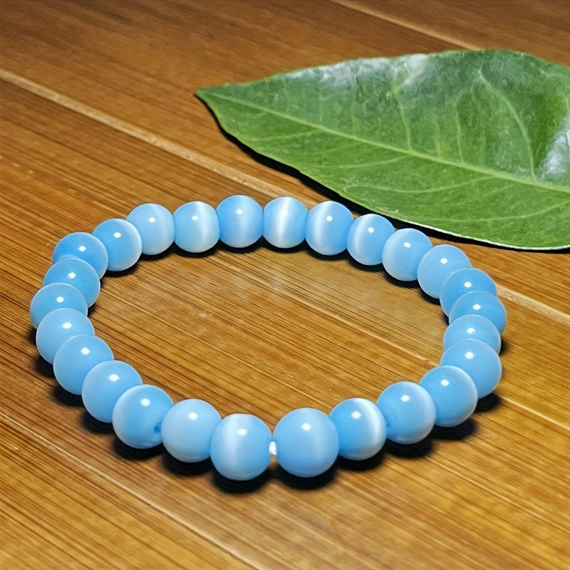 Blue Sky Cat Eye Crystal Beads Bracelet，Unisex Elastic Artificial Crystal round Beads Bracelet，1Only Friendship Gift Jewelry