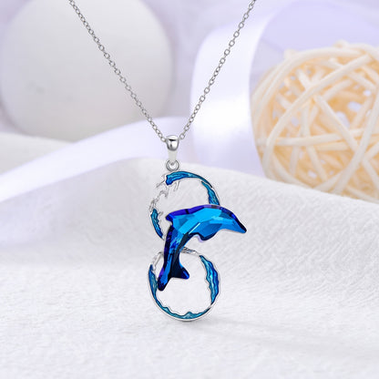 Elegant 925 Sterling Silver Dolphin Pendant Necklace with Blue Artificial Crystal，Ocean Wave Jewelry，Perfect Birthday Gift for Women，Silver，Dolphin Necklace，Ocean Waves，Birthday Gift