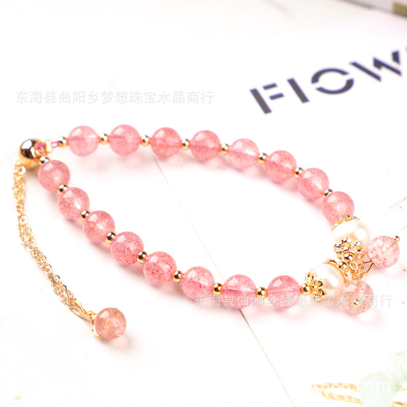 Raindrop Style 14k Gilded Natural Red Strawberry Quartz plus Freshwater Pearl Bracelet Bracelet Hand Knitting Ornament Wholesale