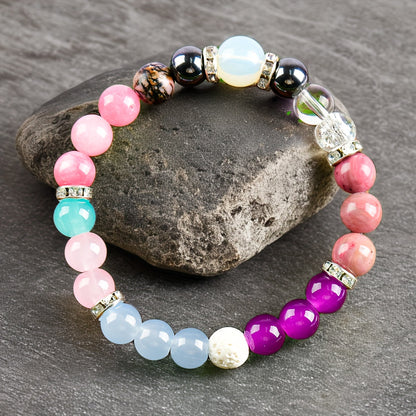 Handmade Crystal Bracelet - Rose Quartz、Tigereye and Mixed Gems，Bohemian Style Cute Elastic Jewelry，April Birthday Stone，Suitable for Daily Wear and Gifts，Christmas Preparation，Full of Prosperity Energy