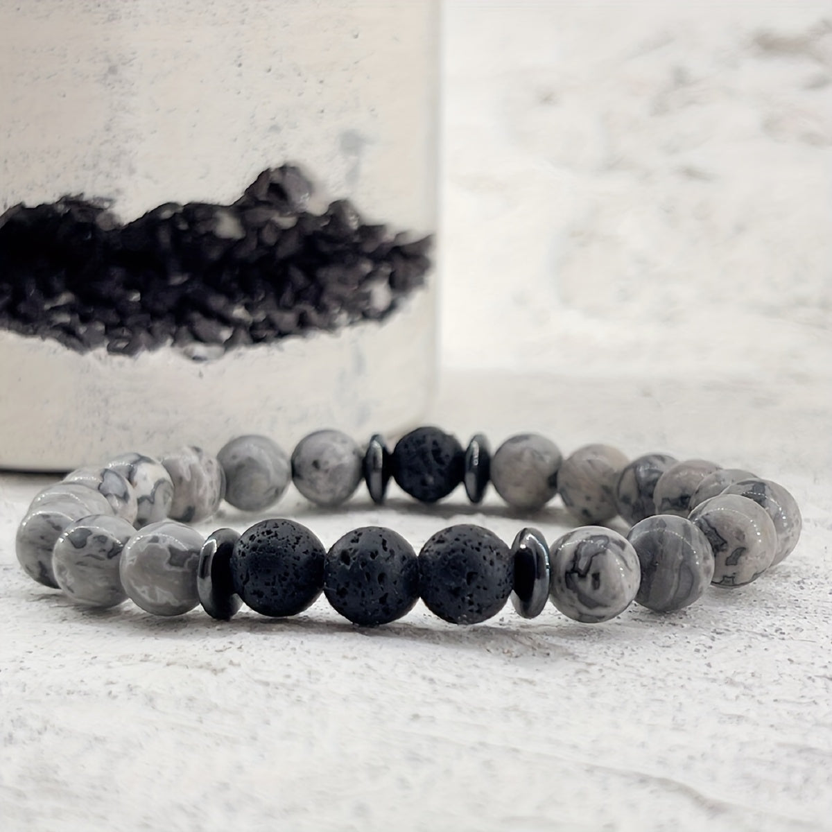 1Natural Stone Healing Bracelet，Gray Map Stone and Black Lava Stone Elastic Bracelet