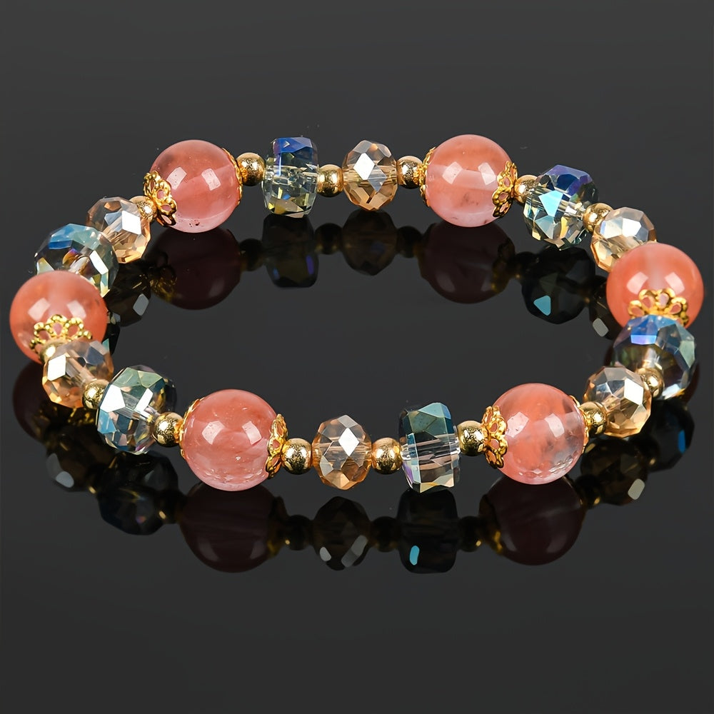 【Holiday Gift】Women's Lucky Crystal Bracelet - Attract Good Luck and Wealth，Perfect Gift for Birthday and Special Occasions，Ideal for Casual Clothing，Solid Bead Design with Faceted Pink and Blue Gems，Golden Tone，ARPURRAINA