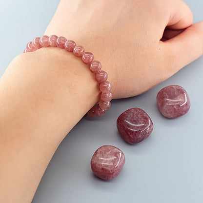 Strawberry Quartz Stretch Bracelet - Natural Stone Charm Beaded Bracelet，Suitable for Daily and Special Occasions，Ideal Valentine's Day Gift