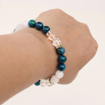 Fashion Handmade Natural Stone Bracelet - White Green Lapis Lazuli and Apatite Beads，Perfect Family Friend Gift，Ideal Choice for Summer