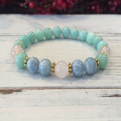 Amazon Stone Aquamarine Rose Quartz Bracelet，Gem Jewelry Gift