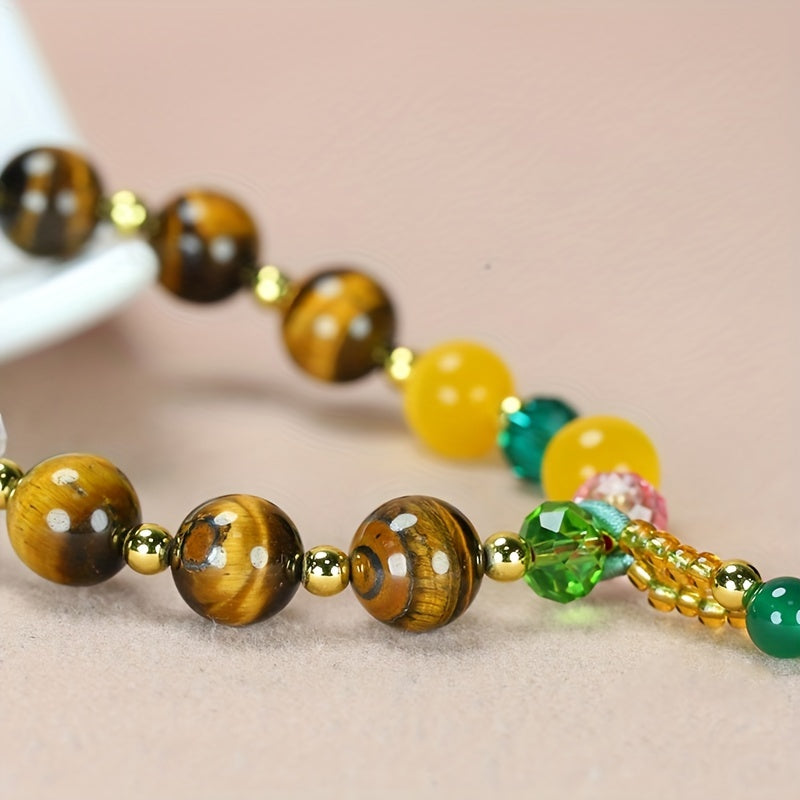 1 Round Beads Yellow Tigereye Couple Fashion Jewelry，Men's Elastic Bracelet，Party Holiday Gift