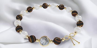 Elegant French Style Tiger Eye and Rock Quartz Bracelet，Gold Plating14K - A Perfect Christmas Gift，Multifunctional Daily Accessories，Enhance Courage and Confidence，Relieve Stress，Ideal Birthday Gift，Suitable for Women and Mothers