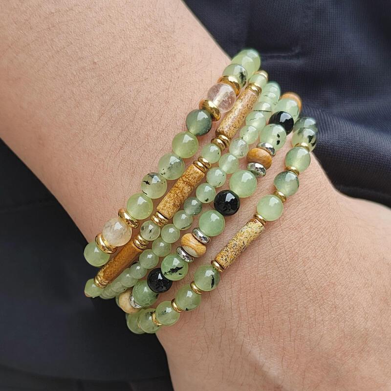 Natural Stone Prehnite Cylindrical Pattern Stone Beaded Bracelet Niche Design Vintage Accessories