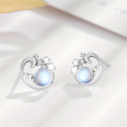 Spark Grow 2pcs 925 Silver Nail Earrings，With Gems Moonstone and 18K Gold Plating - Stylish Crescent Moon and XINGX Design