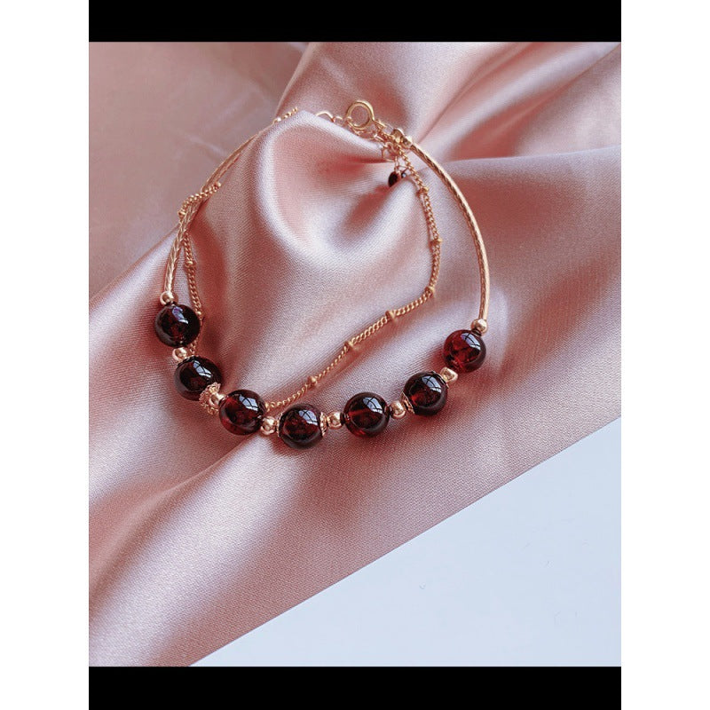 Natural Claret Garnet Bracelet for Women14k Gilded Double Layer lolita Student Korean Style Fashion Simple