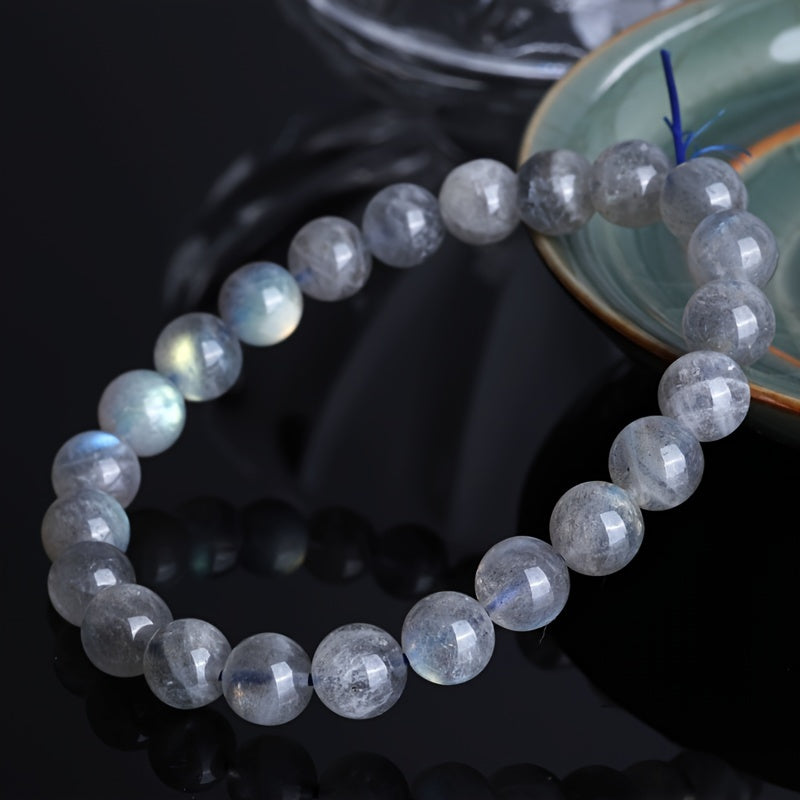 Zen Inspiration，Men's Fashion8mm Natural Labradorite Beaded Bracelet - Blue Light and Gray Moonstone，Suitable for Daily Wear Or Christmas Gifts