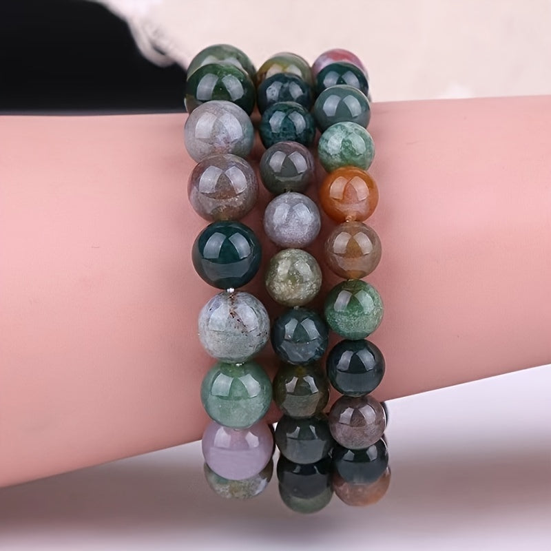 1 Natural Indian Agate Stone Classic Casual Men's Semi-Precious Stone Elastic Bracelet Fashion Jewelry，Cool and Handsome All-Matching，Daily Wear，Perfect Gift for Valentine's Day Party