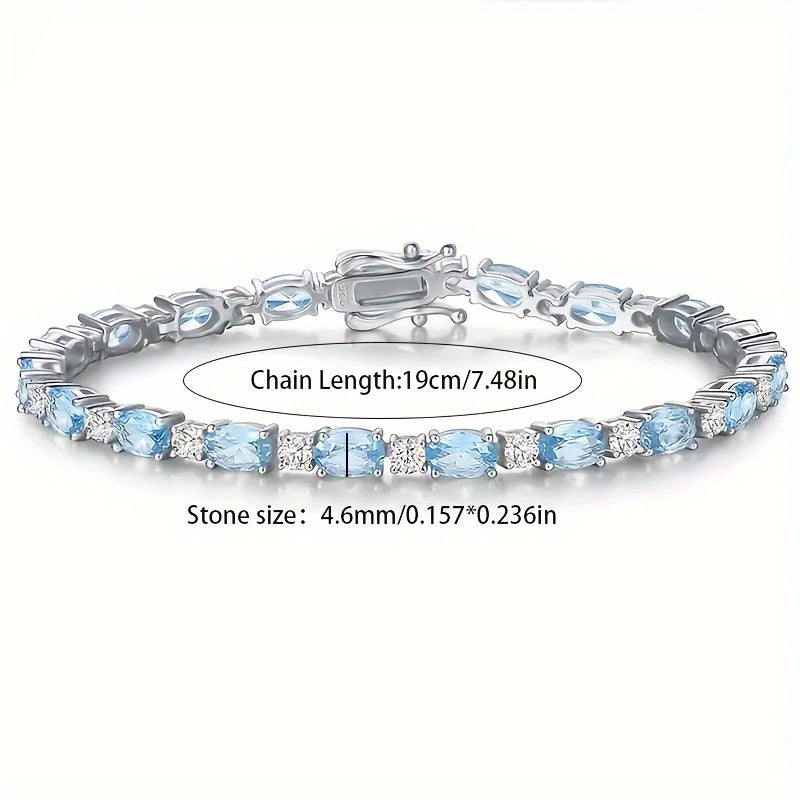 925Sterling Silver High-Grade Simple Exquisite Fashion Elegant Sterling Silver Sea Blue Artificial Gemstone Crystal Bracelet，Women's Bracelet，Anti-Allergy，Anniversary Birthday Gift，Exquisite Gift Packaging