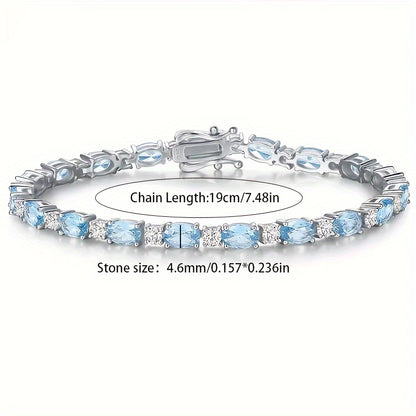 925Sterling Silver High-Grade Simple Exquisite Fashion Elegant Sterling Silver Sea Blue Artificial Gemstone Crystal Bracelet，Women's Bracelet，Anti-Allergy，Anniversary Birthday Gift，Exquisite Gift Packaging