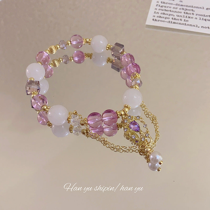 Elegant Double-Layer Geometric Beaded Bracelet，Alloy Rhinestone-Encrusted，Purple and White Crystal，Ladies，Ideal Birthday Gift，Chinese Style，Niche Luxury，Crystal beads，Friendship Gift