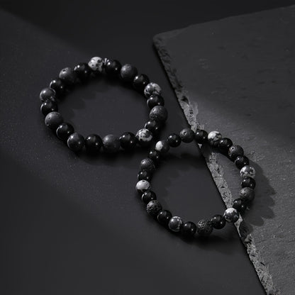 Vintage Style Black Volcanic Rock Beaded Bracelet with Stainless Steel Cross Pendant - Natural Crystal，Suitable for Couples and Casual Wear