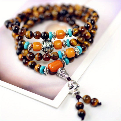 This Style108Beads Bracelet Suitable for Men and Women，Designed with Buddha Head and Four-Layer Extension，Fashionable Neutral Bracelet Made of Multifunctional Yellow Tiger's Eye。