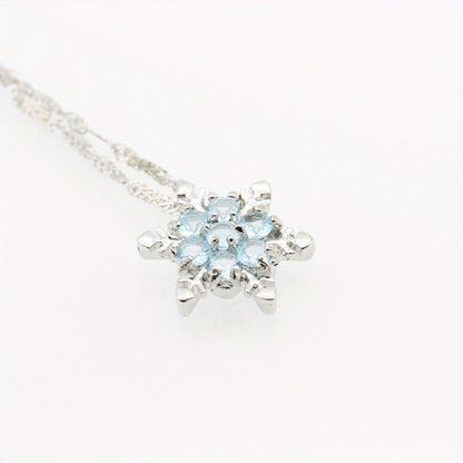 925 Silver Exquisite Blue Crystal Snowflake Flower Pendant Necklace - Unique and Elegant Romantic Occasion Jewelry Gift，Exquisite Design，Shining Crystal Embellishment