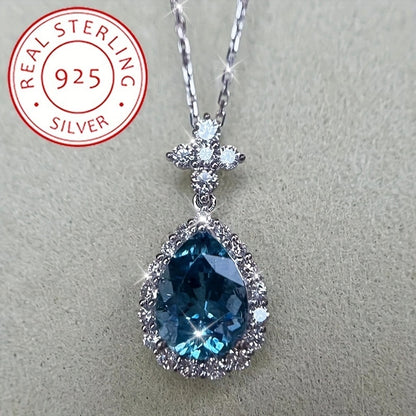 S925Sterling Silver Ocean Blue Zircon Necklace Fashion Simple Special-Interest Design Light Luxury Water Drop Pendant Clavicle Chain Women's Retro Palace Luxury Classic High-End Blue Tears European and American