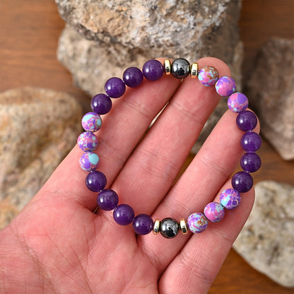 1pc Handcrafted Imperial Jasper & Amethyst Bead Bracelet - Elastic, Fragrance-Free Jewelry for Inner Peace & Confidence, Purple and Golden with Decorative Accents