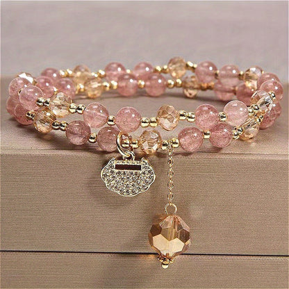 Double Layer Rainbow Stone Beads Bohemian Crystal Bracelet，Shiny Longevity Lock Charm，Sweet and Fashionable Strawberry Stone Bracelet，Suitable for Women to Wear