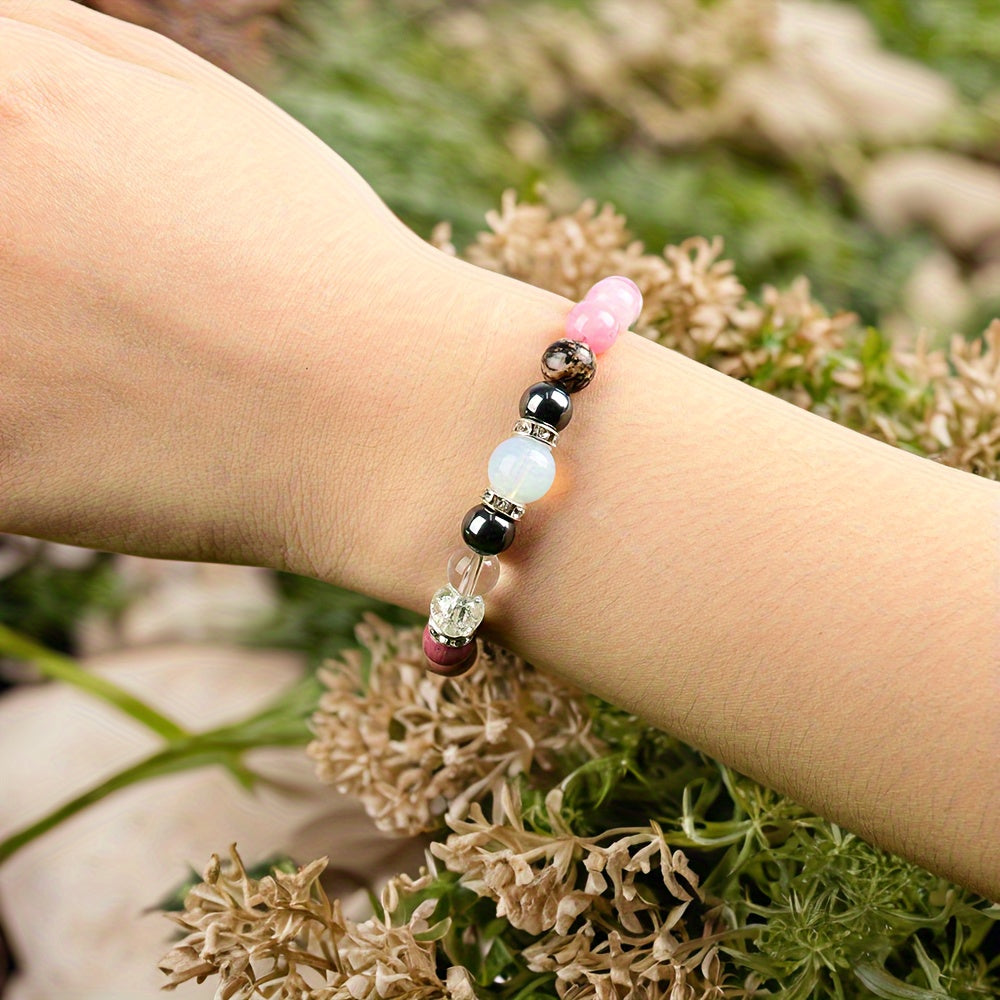 Handmade Crystal Bracelet - Rose Quartz、Tigereye and Mixed Gems，Bohemian Style Cute Elastic Jewelry，April Birthday Stone，Suitable for Daily Wear and Gifts，Christmas Preparation，Full of Prosperity Energy