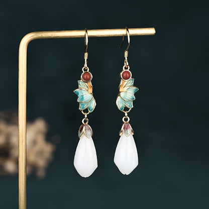 A Pair of Tribal Luxury24K Gold Plated Copper Earrings，with Imitation Jade Inlaid and Agate Pendant，Suitable for Women to Wear - Hypoallergenic Nickel-Free Stud Earrings，Suitable for Daily and Banquet Wear，Jewelry Suitable for All Seasons