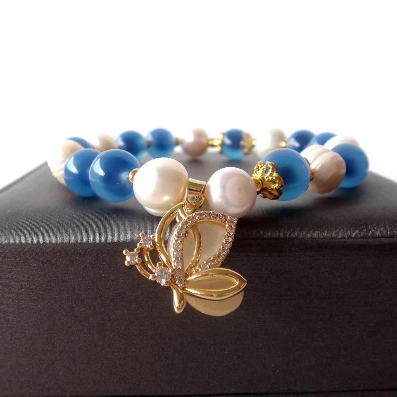 Elegant Aquamarine with Freshwater Stone Bracelet，Handmade Butterfly Hanging Ornament - Her Perfect Gift，Suitable for All Seasons